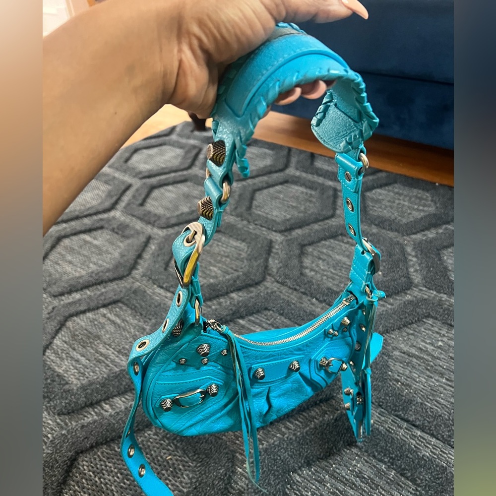 Balenciaga “S” shoulder bag, crocodile embossed in Blue Sky.